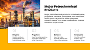 Petrochemicals with refinery photos, orange accents, product icons, market charts, process graphics, and text panels. - slide 4