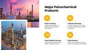 Petrochemicals with refinery photos, orange accents, product icons, market charts, process graphics, and text panels. - slide 7