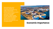 Petrochemicals with refinery photos, orange accents, product icons, market charts, process graphics, and text panels. - slide 8