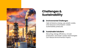 Petrochemicals with refinery photos, orange accents, product icons, market charts, process graphics, and text panels. - slide 9