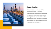 Petrochemicals with refinery photos, orange accents, product icons, market charts, process graphics, and text panels. - slide 10
