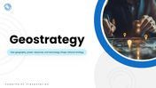 Geostrategy with blue map visuals, location pins, circular graphics, strategic icons, charts, and text panels. - slide 1