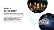 Geostrategy with blue map visuals, location pins, circular graphics, strategic icons, charts, and text panels. - slide 2