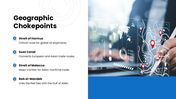 Geostrategy with blue map visuals, location pins, circular graphics, strategic icons, charts, and text panels. - slide 4