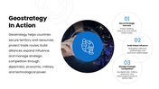 Geostrategy with blue map visuals, location pins, circular graphics, strategic icons, charts, and text panels. - slide 5