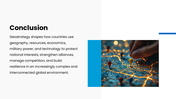 Geostrategy with blue map visuals, location pins, circular graphics, strategic icons, charts, and text panels. - slide 10