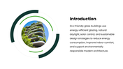 Eco Friendly Glass Building with green accents, glass tower photos, charts, icons, circular graphics, and text panels. - slide 2
