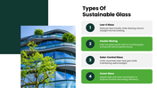 Eco Friendly Glass Building with green accents, glass tower photos, charts, icons, circular graphics, and text panels. - slide 7