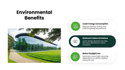 Eco Friendly Glass Building with green accents, glass tower photos, charts, icons, circular graphics, and text panels. - slide 8