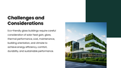 Eco Friendly Glass Building with green accents, glass tower photos, charts, icons, circular graphics, and text panels. - slide 9