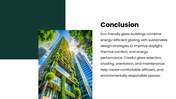 Eco Friendly Glass Building with green accents, glass tower photos, charts, icons, circular graphics, and text panels. - slide 10
