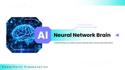 AI Neural Network Brain with blue brain graphics, teal accents, layered nodes, charts, timelines, icons, and text panels. - slide 1