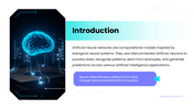 AI Neural Network Brain with blue brain graphics, teal accents, layered nodes, charts, timelines, icons, and text panels. - slide 2