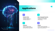 AI Neural Network Brain with blue brain graphics, teal accents, layered nodes, charts, timelines, icons, and text panels. - slide 3