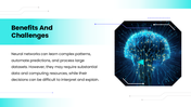 AI Neural Network Brain with blue brain graphics, teal accents, layered nodes, charts, timelines, icons, and text panels. - slide 9