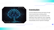 AI Neural Network Brain with blue brain graphics, teal accents, layered nodes, charts, timelines, icons, and text panels. - slide 10