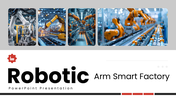 Robotic Arm Smart Factory with orange robot photos, red accents, process diagrams, charts, icons, and text panels. - slide 1