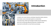 Robotic Arm Smart Factory with orange robot photos, red accents, process diagrams, charts, icons, and text panels. - slide 2