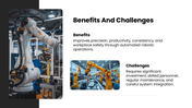 Robotic Arm Smart Factory with orange robot photos, red accents, process diagrams, charts, icons, and text panels. - slide 9