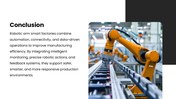 Robotic Arm Smart Factory with orange robot photos, red accents, process diagrams, charts, icons, and text panels. - slide 10