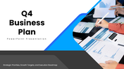 Q4 Business Plan with blue-black theme, charts, timelines, text holders and editable geometric shapes. - slide 1