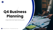 Q4 Business Planning with blue accents, business charts, timeline, text holders and editable shapes. - slide 1