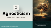 Agnosticism with brain and book imagery, teal theme, text holders, icons and editable shapes. - slide 1