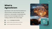 Agnosticism with brain and book imagery, teal theme, text holders, icons and editable shapes. - slide 2