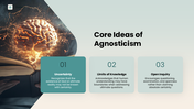 Agnosticism with brain and book imagery, teal theme, text holders, icons and editable shapes. - slide 3