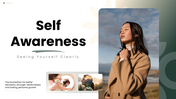 Self Awareness with green tones, reflective portraits, flower shapes, charts, icons, and text panels. - slide 1