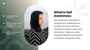 Self Awareness with green tones, reflective portraits, flower shapes, charts, icons, and text panels. - slide 2