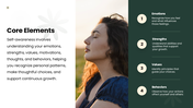 Self Awareness with green tones, reflective portraits, flower shapes, charts, icons, and text panels. - slide 3
