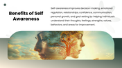 Self Awareness with green tones, reflective portraits, flower shapes, charts, icons, and text panels. - slide 9