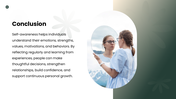 Self Awareness with green tones, reflective portraits, flower shapes, charts, icons, and text panels. - slide 10