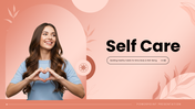 Self Care with peach tones, wellness photos, leaf shapes, circular graphics, icons, charts, and text panels. - slide 1