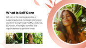 Self Care with peach tones, wellness photos, leaf shapes, circular graphics, icons, charts, and text panels. - slide 2