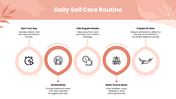Self Care with peach tones, wellness photos, leaf shapes, circular graphics, icons, charts, and text panels. - slide 4