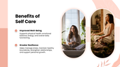 Self Care with peach tones, wellness photos, leaf shapes, circular graphics, icons, charts, and text panels. - slide 8