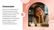 Self Care with peach tones, wellness photos, leaf shapes, circular graphics, icons, charts, and text panels. - slide 10