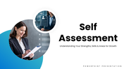 Self Assessment with blue accents, professional photos, circular shapes, rating charts, icons, and text panels. - slide 1