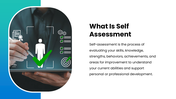 Self Assessment with blue accents, professional photos, circular shapes, rating charts, icons, and text panels. - slide 2