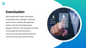 Self Assessment with blue accents, professional photos, circular shapes, rating charts, icons, and text panels. - slide 10