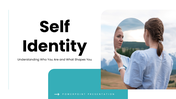 Self Identity with teal accents, reflection photo, circular infographics, timeline, growth visuals, and text panels. - slide 1