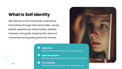 Self Identity with teal accents, reflection photo, circular infographics, timeline, growth visuals, and text panels. - slide 2