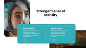 Self Identity with teal accents, reflection photo, circular infographics, timeline, growth visuals, and text panels. - slide 8