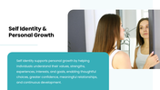 Self Identity with teal accents, reflection photo, circular infographics, timeline, growth visuals, and text panels. - slide 9