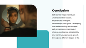 Self Identity with teal accents, reflection photo, circular infographics, timeline, growth visuals, and text panels. - slide 10