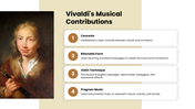 Antonio Vivaldi presentation with portraits, Baroque music timeline, charts, Four Seasons, musical style, and legacy panels. - slide 4