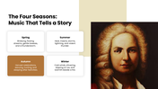 Antonio Vivaldi presentation with portraits, Baroque music timeline, charts, Four Seasons, musical style, and legacy panels. - slide 6