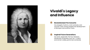 Antonio Vivaldi presentation with portraits, Baroque music timeline, charts, Four Seasons, musical style, and legacy panels. - slide 8